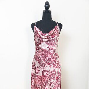 Pink and Red Satin Cowl Maxi Dress